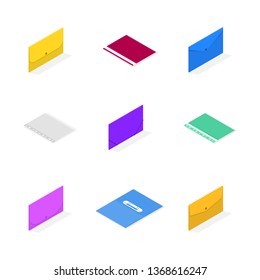 Set of different plastic file folders isolated on white background. Flat 3d isometric style, vector illustration.