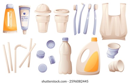 A set of different plastic waste, a bag, a glass and a bottle, toothbrushes, packaging of household chemicals. Recycling, waste sorting. Pollution of the earth with plastic waste.