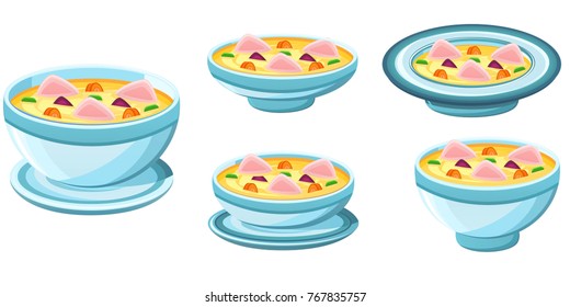 Set of different plates with chicken soup isolated on white background