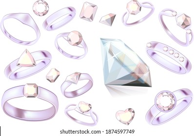 Set with different platinum and gold rings with diamonds isolated on white background