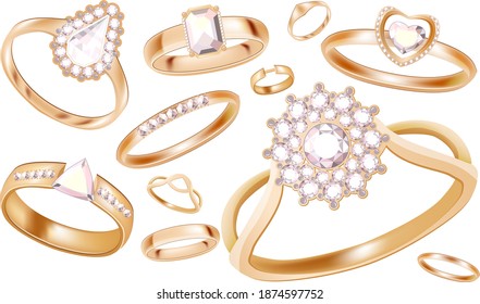 Set with different platinum and gold rings with diamonds isolated on white background