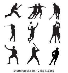 A set of different players vector silhouette editable. cricket, football, table tennis, hockey, golf, baseball, basket ball, volleyball, rugby