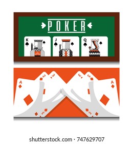 set of different playing cards combination royal on green poker table