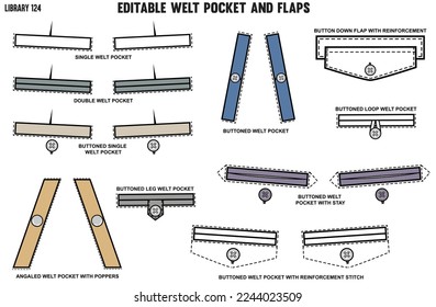 SET OF DIFFERENT POCKET FOR CLOTHINGS AND APPARELS, SINGLE WELT, DOUBLE WELT POCKET FOR TROUSERS, JACKETS, CHINOS AND CARGOS IN EDITABLE VECTOR