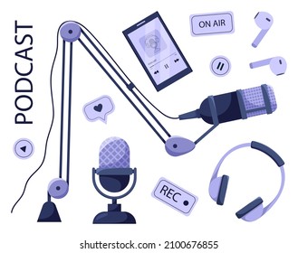 Set of different podcast elements. Podcasting, online show, streaming, blogging concept. Vector illustration in cartoon flat style isolated on white background.