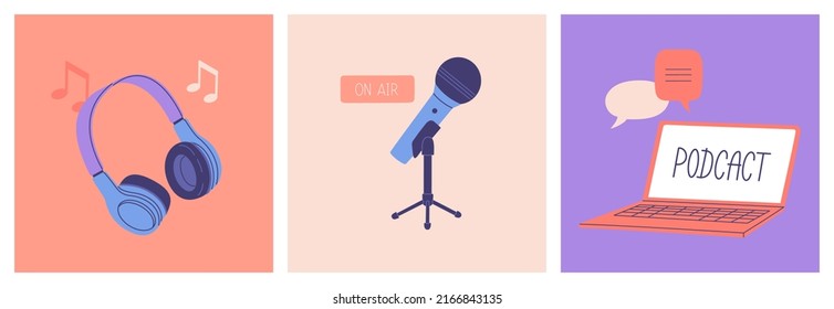 Set of different podcast stuff. Laptop, headphones, microphone. Hand drawn vector illustration isolated on color background. Flat cartoon style.