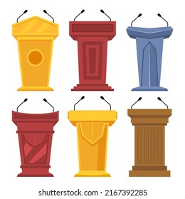 Set of different Podium with microphones drawing style on white background, vector illustration