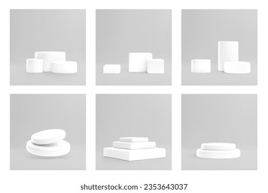 Conjunto de diferentes podios y figuras geométricas en estilo 3d, ilustración vectorial. Pantallas o plataformas vacías. Estadio brillante o pedestal en forma de cubo y cilindro.