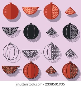 Set of different pomegranates. Vector illustration.