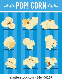 Set of different popcorn isolated on stripped blue background.