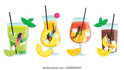 Set of different popular cocktails with floating girls inside the glass. Vector graphic.