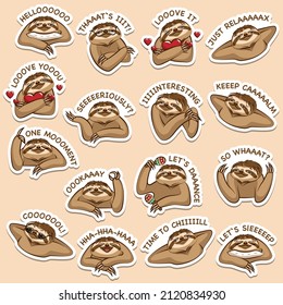 A set of different popular emotions of a cartoon sloth. Stickers with funny inscriptions. White outline and transparent shadow.