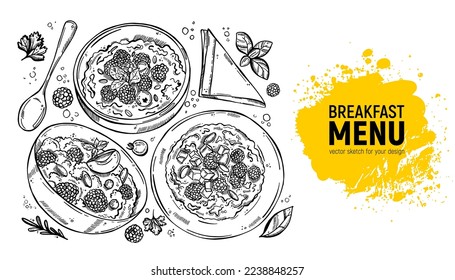 Set of different porridges for breakfast. Hand-drawn vector sketch for menu.