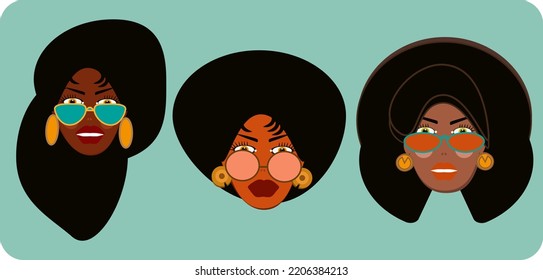 A set of different portraits of African American women. Style of sunglasess and eyeglasses. Diversity. Vector flat illustration. Avatar for social network. Summer and vocation vibe.