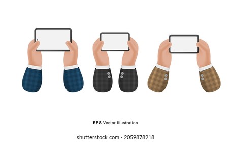 Set of different pose businessmen hands gesture holding smartphone 3D cartoon illustration isolated on white background. Vector design