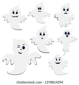 Set of different pose cartoon ghost isolated on white background. Ghost creepy funny cute character. Party celebrate happy Halloween night holiday.