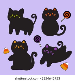 Set of different pose cute black cats. Black cat silhouette collection. Simple graphic design, vector art image illustration, isolated on white background, Halloween theme.