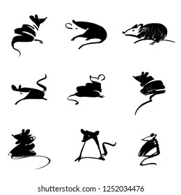 Set different pose mouse, rat isolated on white background. Wild rat with long tail. Sketch vector illustration.  