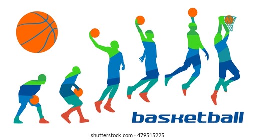 Set different poses basketball players in silhouettes. Vector abstract polygon color flat illustration isolated on white background