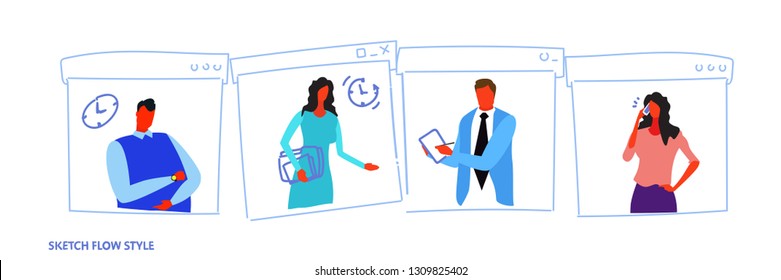 set different poses businesspeople office workers working process concept male female cartoon characters portrait collection sketch flow style horizontal