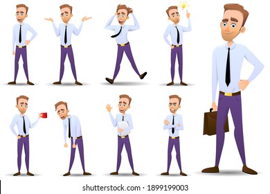 Set of different poses of the characters of a businessman, office worker, office manager or civil servant isolated on a white background. Vector illustration