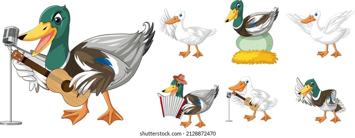 Set of different poses of ducks cartoon characters illustration