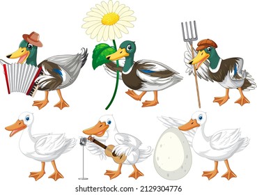 Set of different poses of ducks cartoon characters illustration