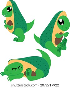 Juego de diferentes poses de graciosos dinosaurios con traje de aguacate. Se sienta y duerme. Ilustración vectorial aislada en fondo blanco. Elemento de diseño para el diseño de la ropa de varios productos infantiles