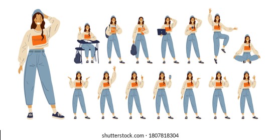 A set of different poses and gestures of a female student in modern clothes. Daily activity at school, at work, a girl in a store, with a phone, with a laptop. Flat cartoon vector illustration