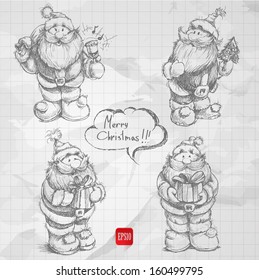 Set of different poses of hand drawn Santa Claus sketches