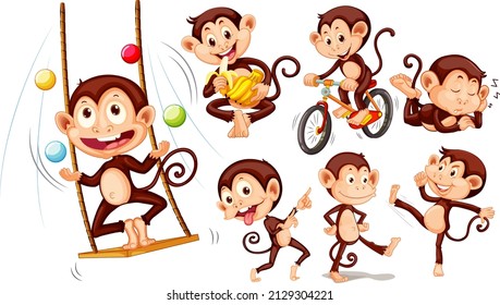 Set of different poses of monkeys cartoon characters illustration