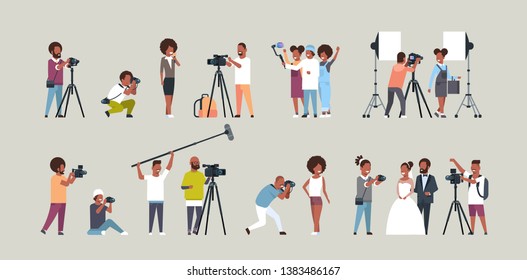 set different poses photographers and cameramans using cameras african american characters shooting video taking pictures working during session collection horizontal full length flat