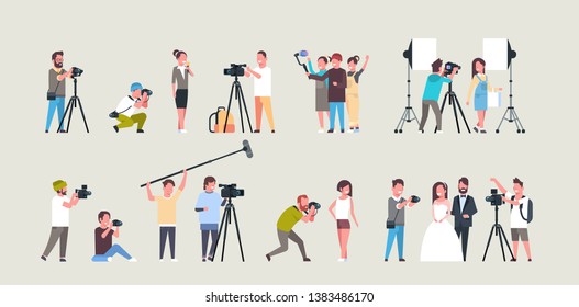 set different poses photographers and cameramans using cameras african american characters shooting video taking pictures working during session collection horizontal full length flat