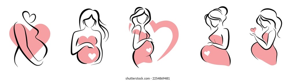 Conjunto de poses diferentes para mujeres embarazadas, ilustración del embarazo, atención de la salud, maternidad feliz. se podría usar como logo, símbolos, fiesta de bebés o tarjetas de invitación para revelar bebés.