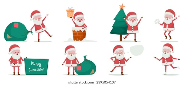 Con diferentes poses para Santa Claus. Ilustración vectorial para el año nuevo. Feliz Navidad. Caracteres recortados aislados en fondo blanco.