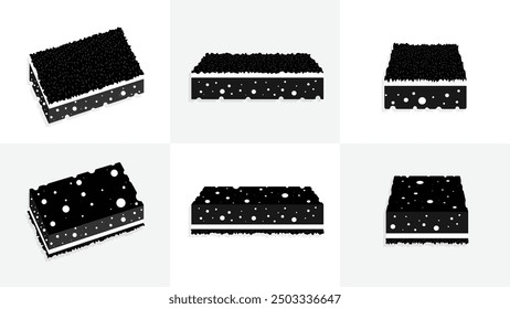 Conjunto de diferentes poses de esponjas de silueta, diseño de icono de almohadilla de lavado de color negro, adición de textura, Ilustración vectorial aislada sobre fondo