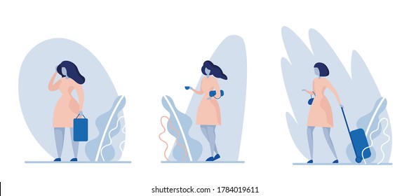 Set of different poses standing woman. Color vector cartoon illustration