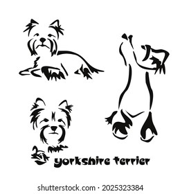 A set of different poses of the stylized Yorkshire terrier. Vector drawing of a small dog. Gestalt animal design