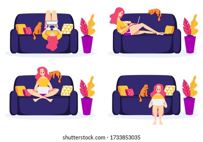 Set Of Different Poses For Work On Sofa At Home. Girl Changes Position With Laptop On Couch. Red Cat In Flat Cartoon Style. Illustration Isolated On White Background