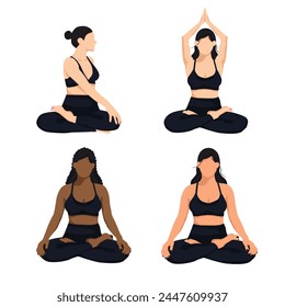 Set von verschiedenen Posen im Yoga. Cartoon Vektorgrafik flache Illustration. Gesichtslose Frau mit dunkler Haut, die Lotus Asana praktiziert. Frau, die Yoga auf isoliertem weißem Hintergrund praktiziert