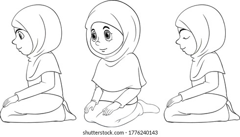 Reihe verschiedener Positionen arab muslim Girl in traditioneller Kleidung Umrissgrafik
