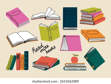 Set of different positions of books in coloful covers in a retro cartoon style. Read more books. Open and closed books, stacks of books. Collection for book lovers. Hand drawn educational vector art.