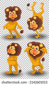 Set of different positions of lion cartoon character isolated on transparent background illustration