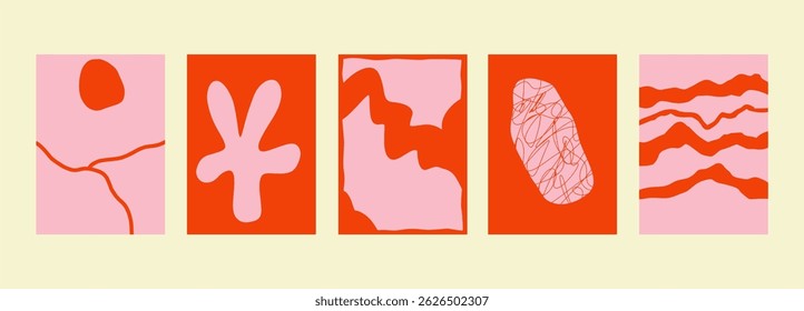 Set of different posters with abstract shapes. Hand drawn doodles. Modern fashion illustration. Flat design, hand drawn cartoon, vector.