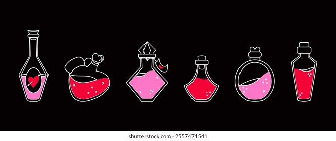 A set of different potion bottles. Magic and alchemy. A love potion.