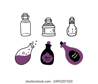 Set of different potion bottles. Magical elixir with bubbles in a flask. Old glass bottles of pirates. Magical elixir of a witch or wizard. Cute spooky cartoon style.