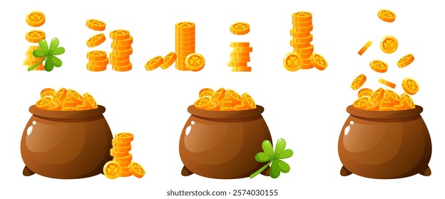 Set of different pots of gold, cauldron with coins with the image of a shamrock. Thematic element of the design of the celebration of St. Patrick's Day. Clover, stack of coins, tower of gold money.