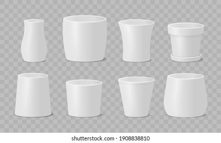 Set of different pots for house plants and flowers in realistic style. Blossom plant, botanical, flower pot. White ceramic flower pots.