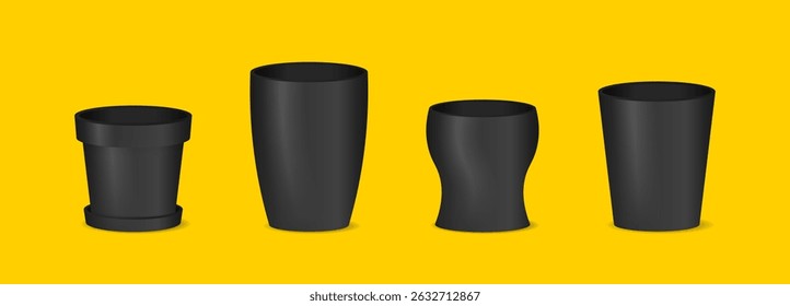 Set of different pots for house plants and flowers in realistic style. Blossom plant, botanical, flower pot. Black ceramic flower pots.
