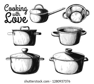 Set of different pots on a white background. Vector illustration